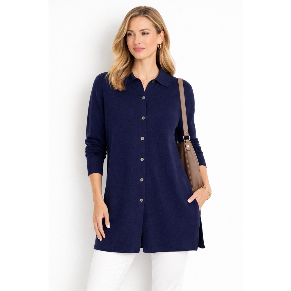Chico's Design Tunic Sweater 2‎ L Navy Button Front  Layer Mother Pearl Buttons